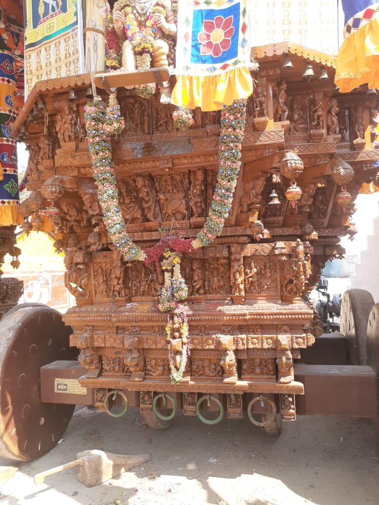 VA WoodArts temple chariot dressed with garlands for a festival