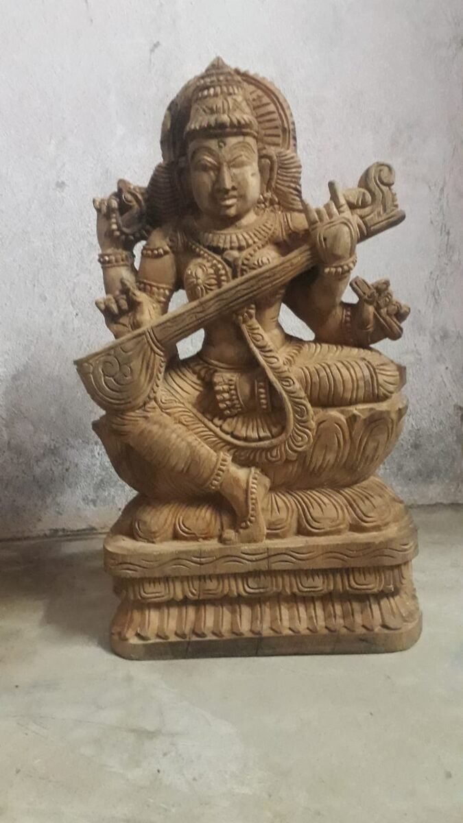 Handcarved wooden Saraswati sculpture