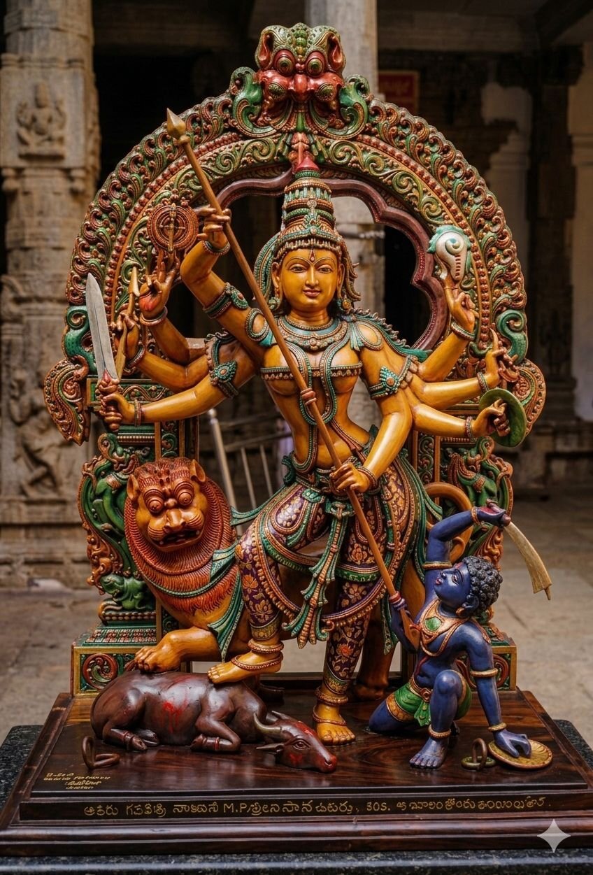 Colourfully finished temple sculpture of Durga